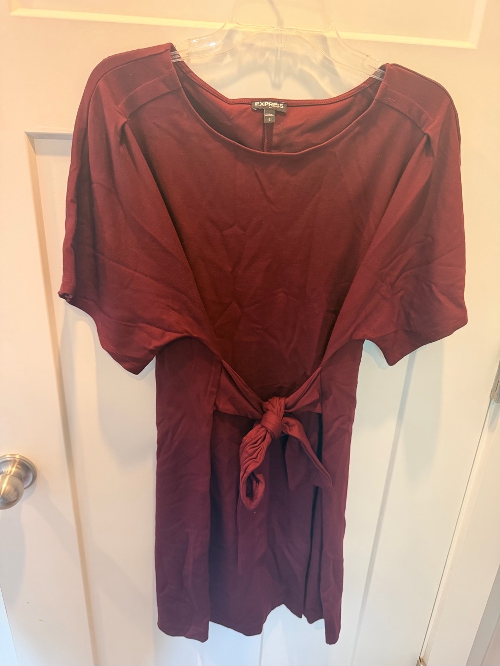 Express Burgundy Tie Front Dress Size Large Short Sleeve Stretch Knit